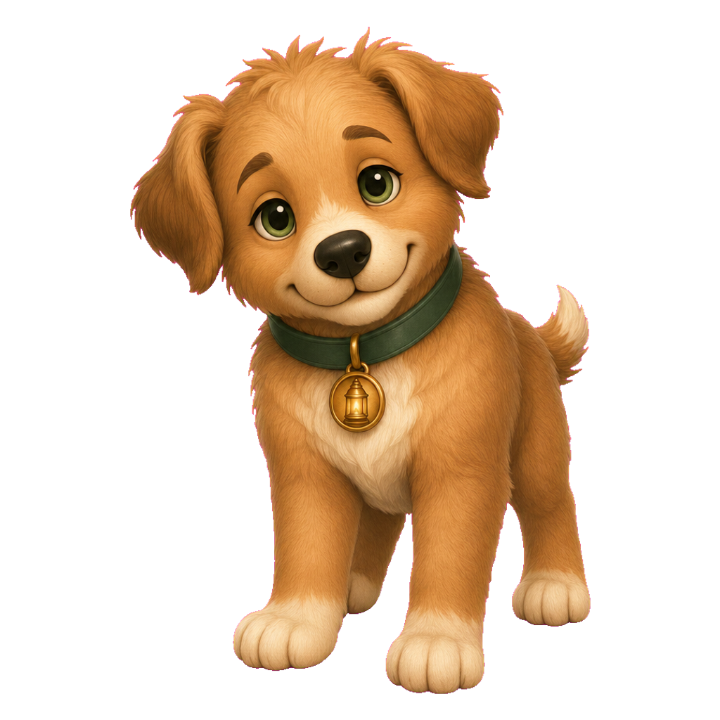 Moss, the reading companion — a golden puppy, listening